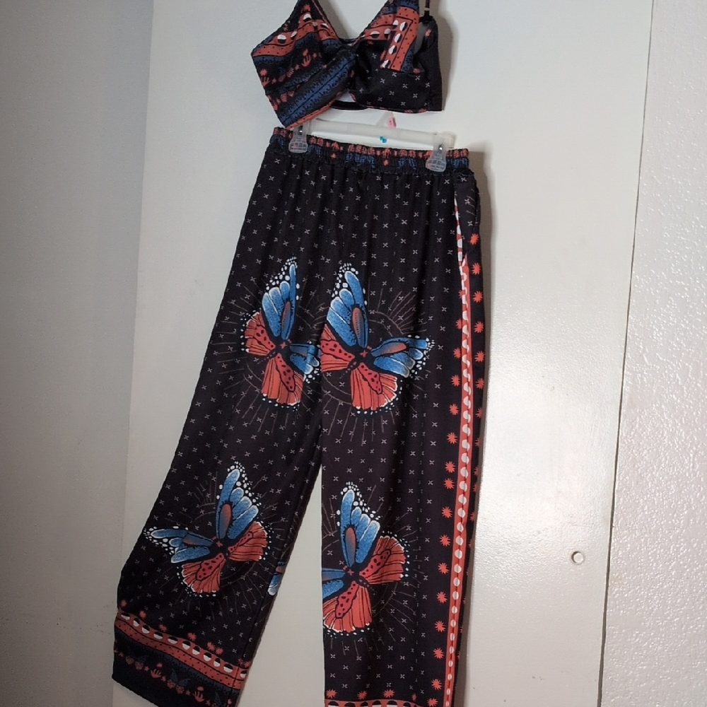 Butterfly Print Two-Piece Set - Black and Blue